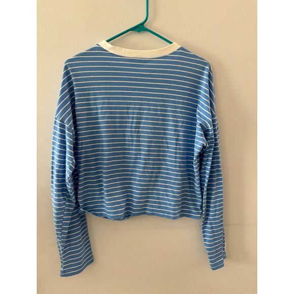 Forever 21 Top Women's Medium Blue White Striped Tie Front Ringer Tee Preppy - Picture 4 of 5